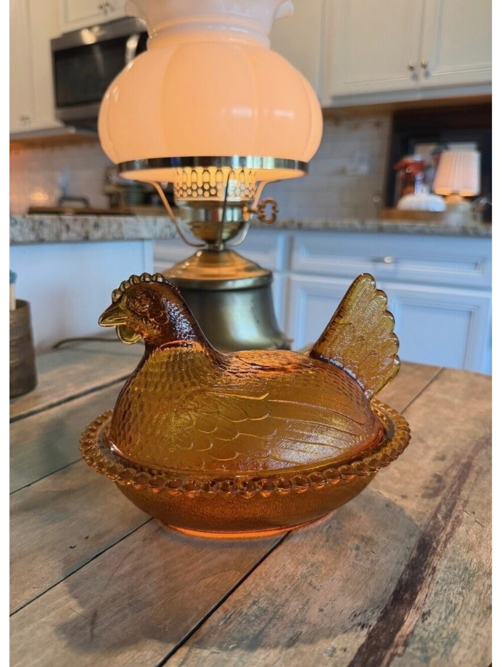 Vtg Indiana Glass Amber Hen on Nest Covered Candy Dish EUC Mid-Century 7”, 464